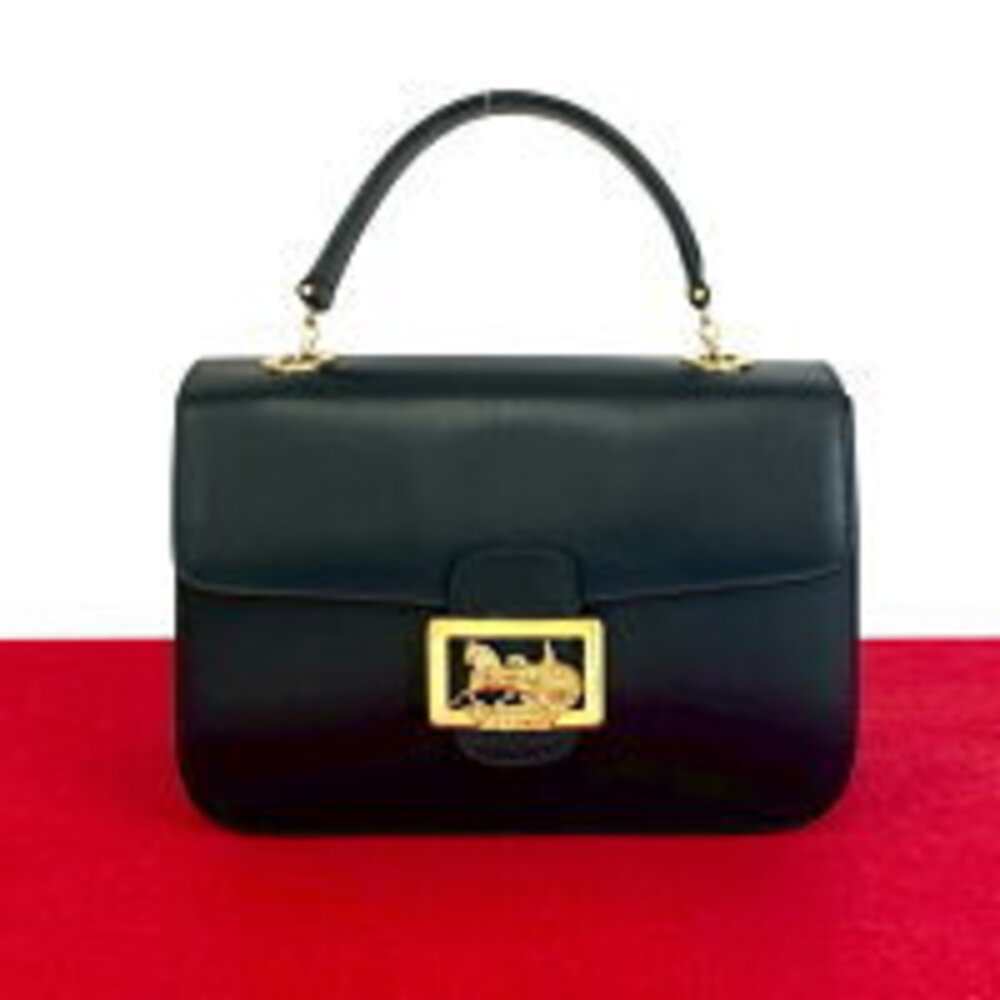 CELINE Circle Logo Carriage Calf Leather Handbag Tote Bag Navy Blue